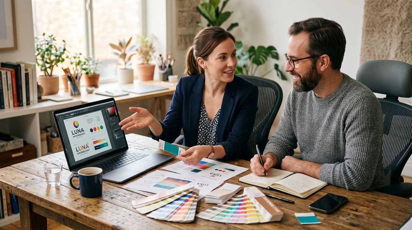 Business owner discussing a graphic design project with a designer